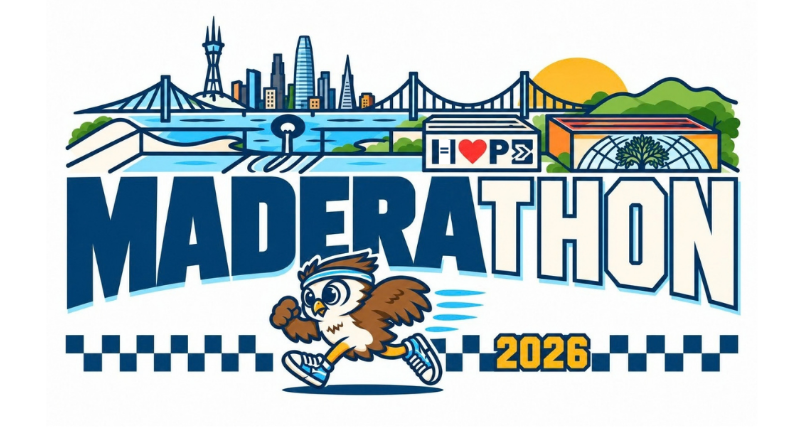 Maderathon 2026 logo: a running owl mascot in a sweatband and sneakers ahead of the Bay Area skyline, above a checkered finish line